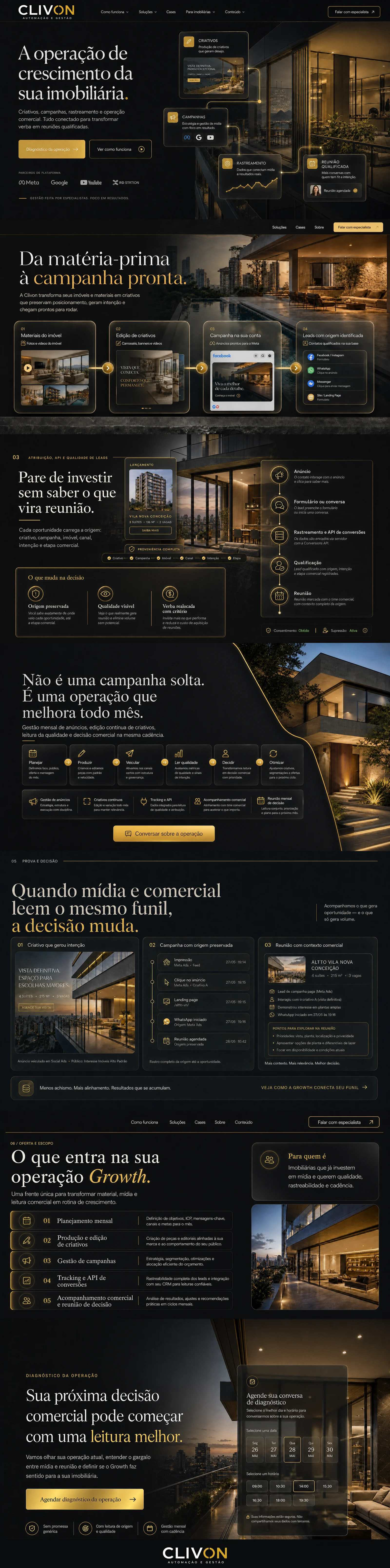 Clivon Growth: operação de crescimento para imobiliárias, conectando criativos, campanhas, rastreamento, qualidade dos leads e gestão mensal.